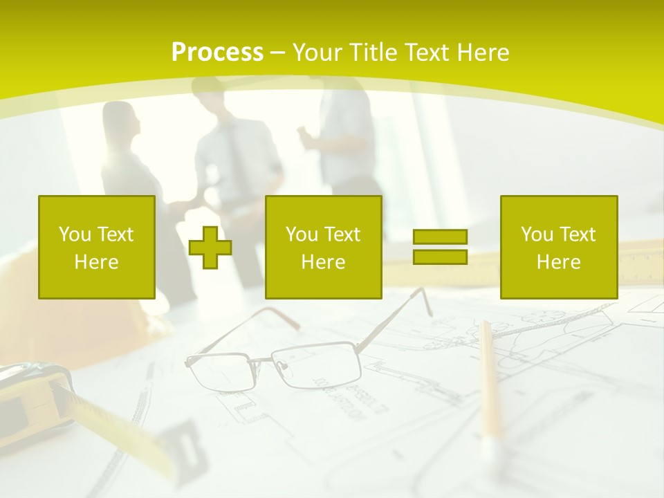 A Group Of People Standing Around A Table With Blueprint PowerPoint Template