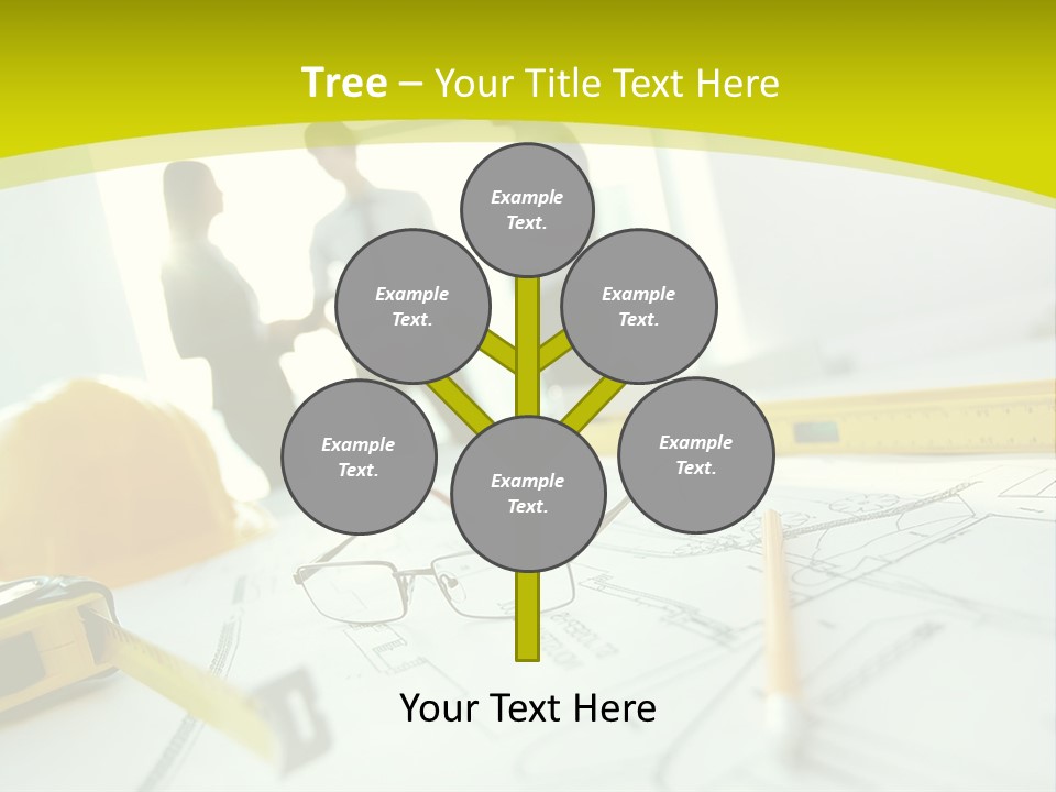 A Group Of People Standing Around A Table With Blueprint PowerPoint Template
