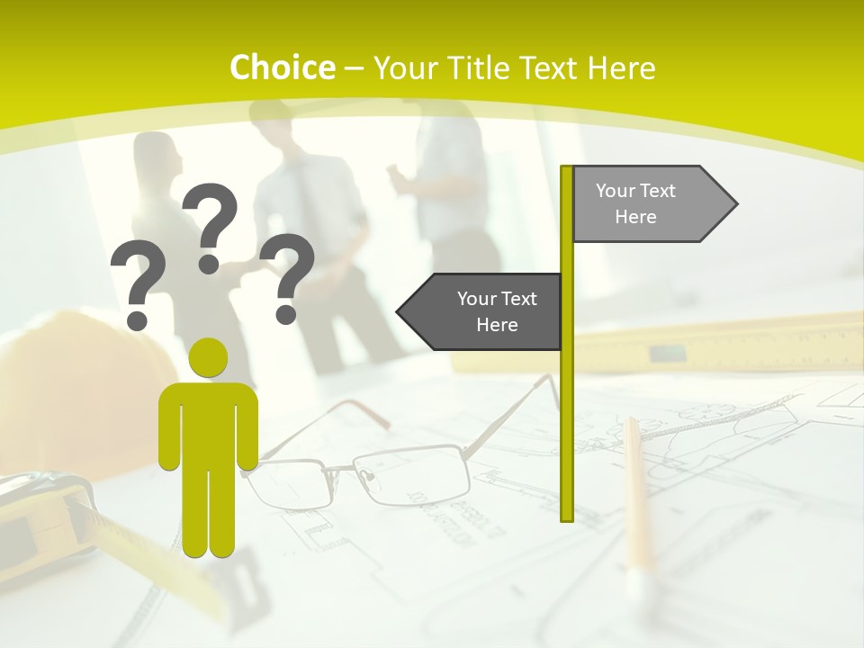A Group Of People Standing Around A Table With Blueprint PowerPoint Template