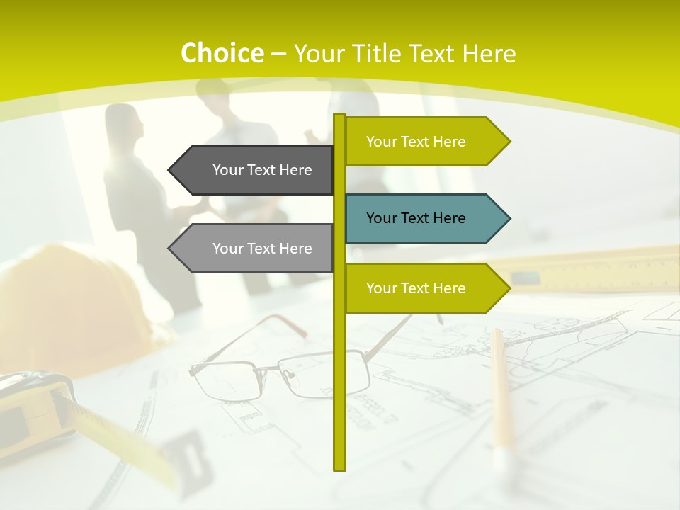 A Group Of People Standing Around A Table With Blueprint PowerPoint Template