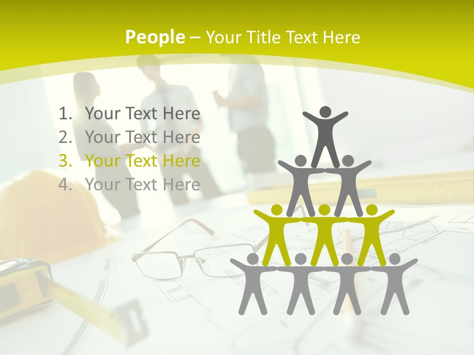 A Group Of People Standing Around A Table With Blueprint PowerPoint Template