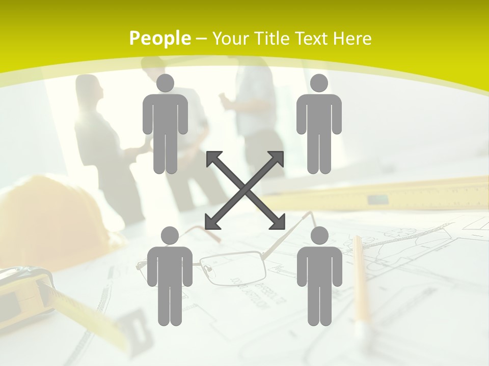 A Group Of People Standing Around A Table With Blueprint PowerPoint Template