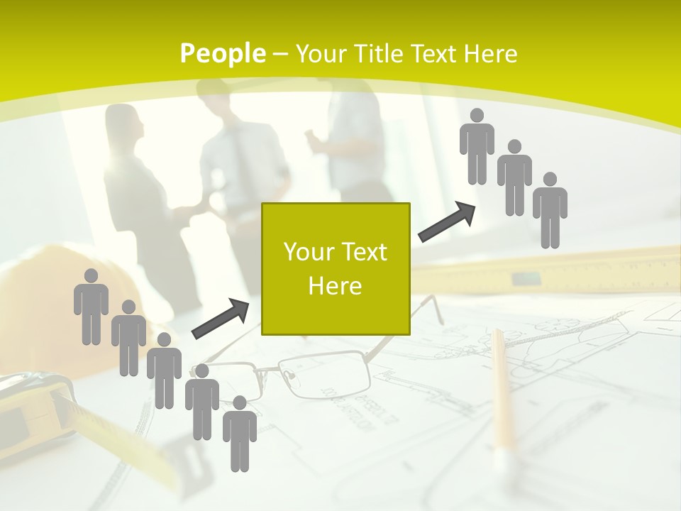 A Group Of People Standing Around A Table With Blueprint PowerPoint Template