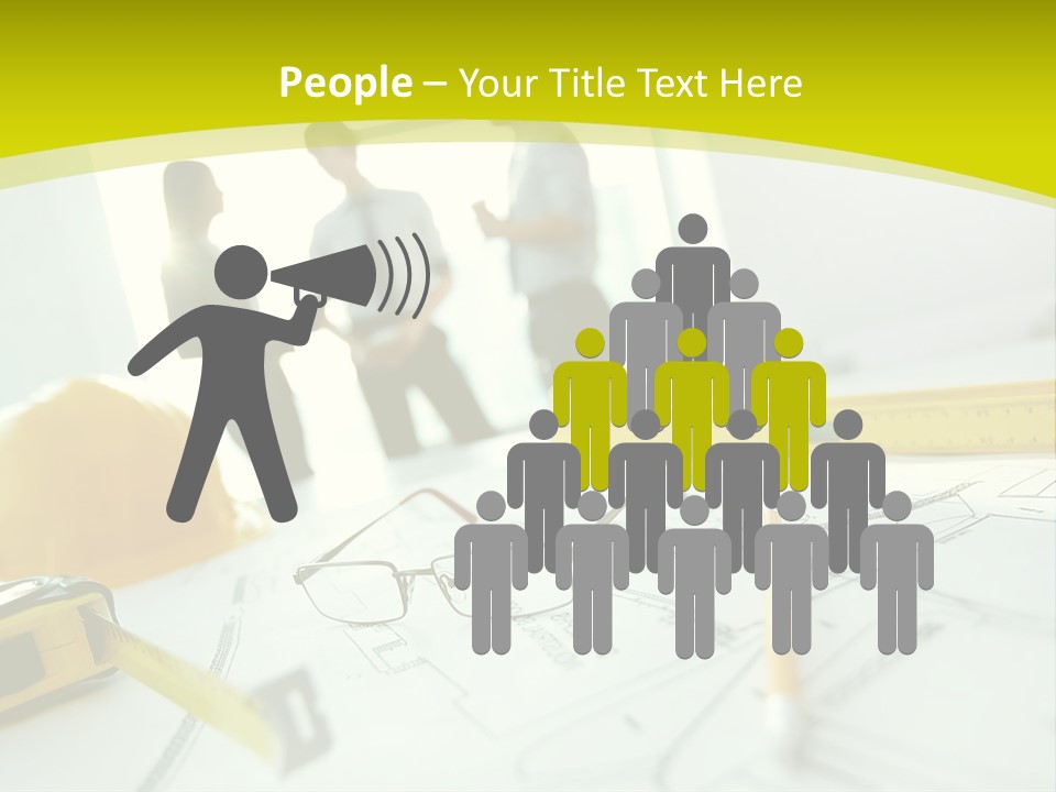 A Group Of People Standing Around A Table With Blueprint PowerPoint Template