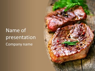 Two Steaks On A Cutting Board With Parsley PowerPoint Template