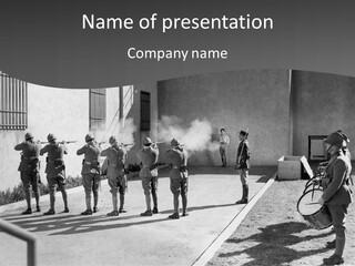 A Group Of Soldiers Standing In Front Of A Building PowerPoint Template