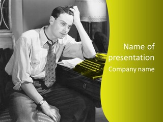 A Man Sitting At A Desk With A Typewriter PowerPoint Template