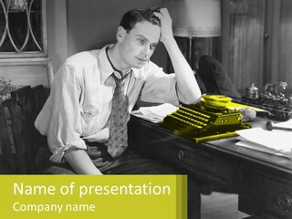 A Man Sitting At A Desk With A Typewriter PowerPoint Template