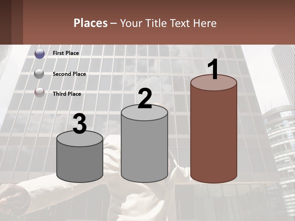 A Man In A Suit Holding Up A Red Object In Front Of A Tall Building PowerPoint Template