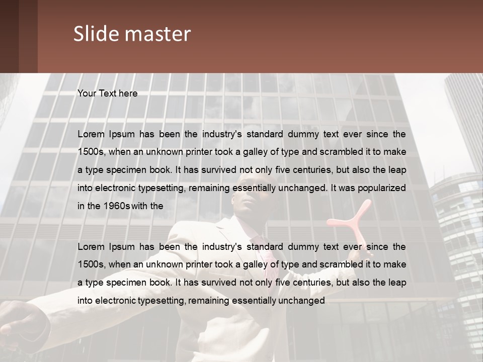 A Man In A Suit Holding Up A Red Object In Front Of A Tall Building PowerPoint Template