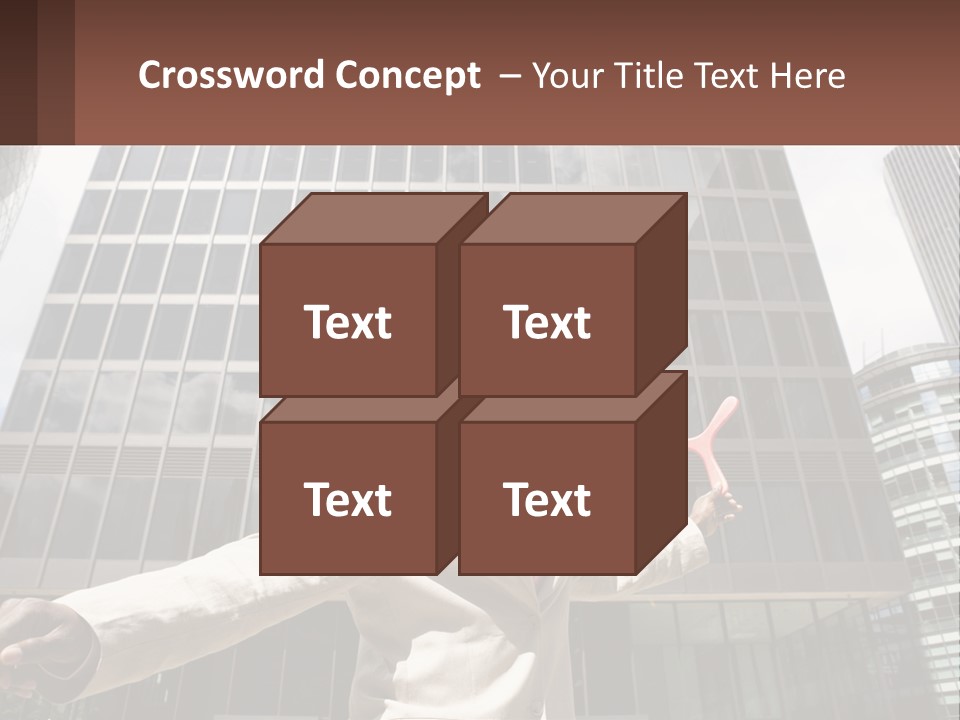 A Man In A Suit Holding Up A Red Object In Front Of A Tall Building PowerPoint Template