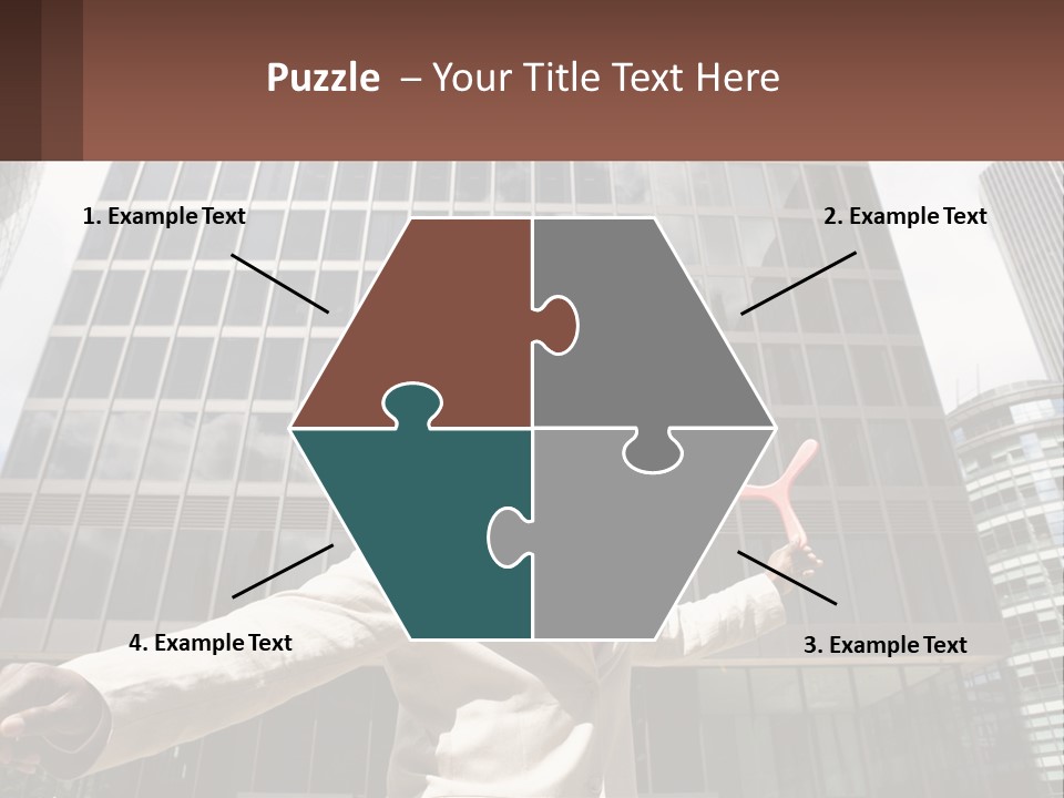 A Man In A Suit Holding Up A Red Object In Front Of A Tall Building PowerPoint Template