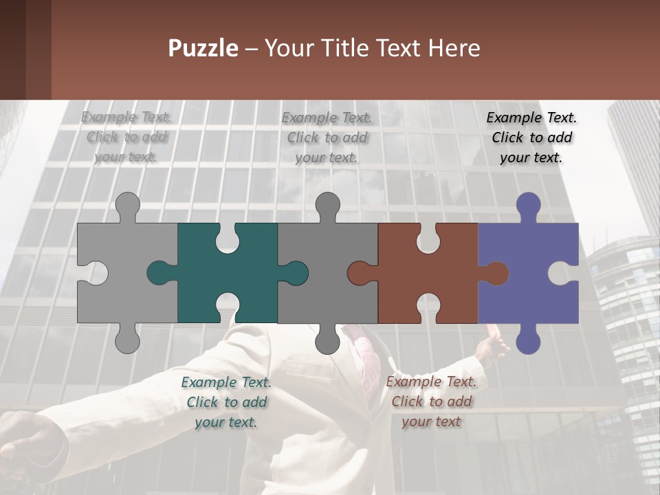 A Man In A Suit Holding Up A Red Object In Front Of A Tall Building PowerPoint Template