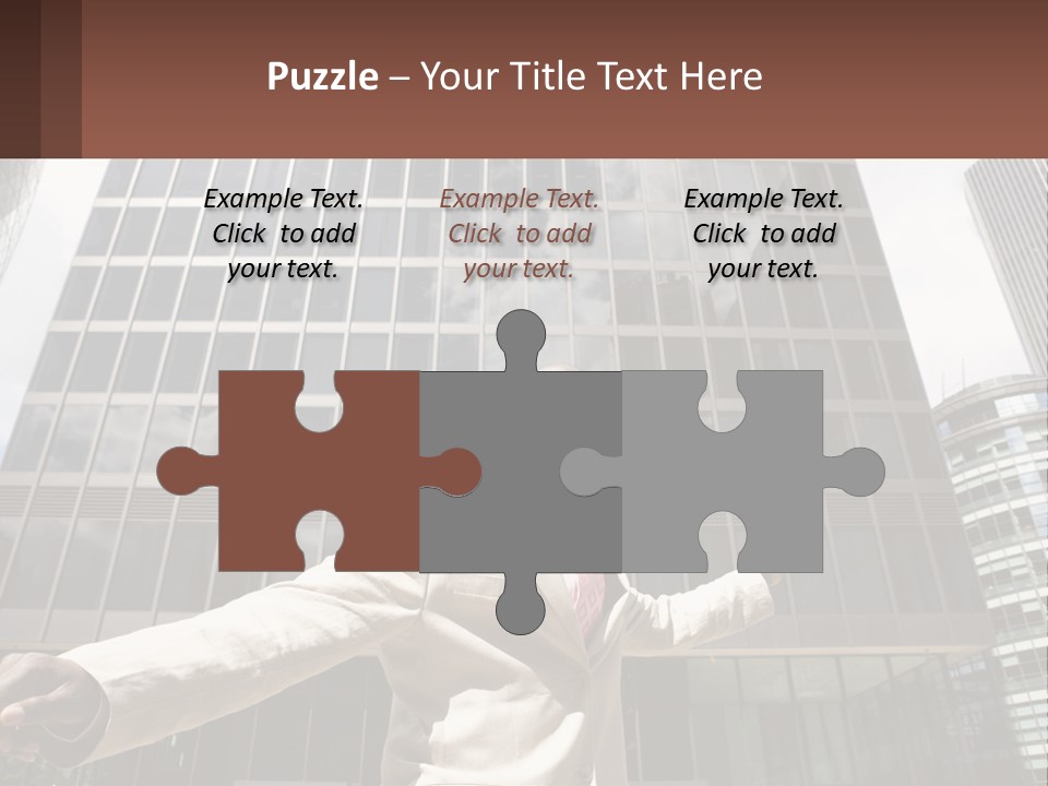 A Man In A Suit Holding Up A Red Object In Front Of A Tall Building PowerPoint Template