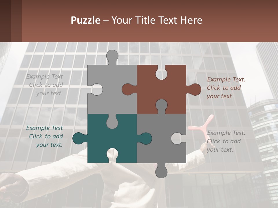 A Man In A Suit Holding Up A Red Object In Front Of A Tall Building PowerPoint Template