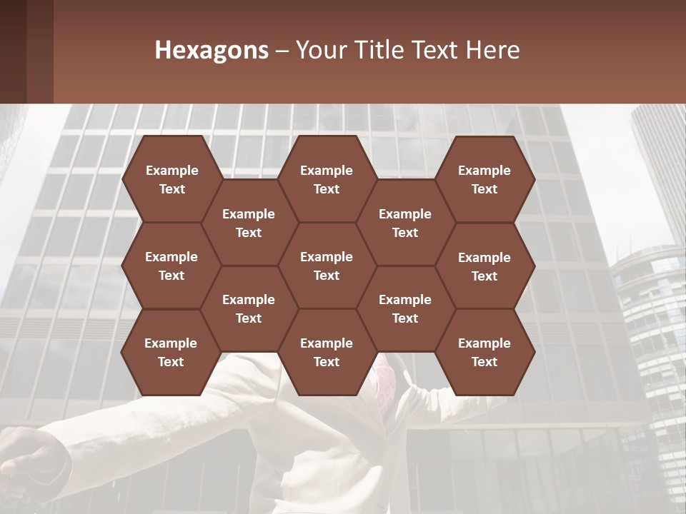 A Man In A Suit Holding Up A Red Object In Front Of A Tall Building PowerPoint Template