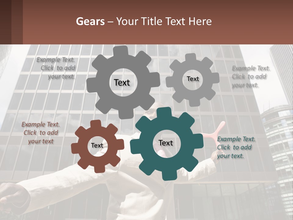 A Man In A Suit Holding Up A Red Object In Front Of A Tall Building PowerPoint Template