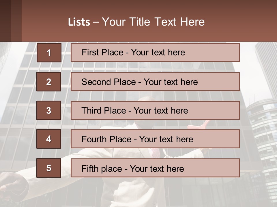 A Man In A Suit Holding Up A Red Object In Front Of A Tall Building PowerPoint Template