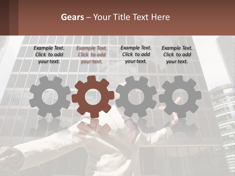 A Man In A Suit Holding Up A Red Object In Front Of A Tall Building PowerPoint Template