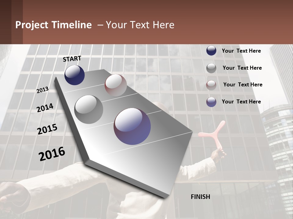 A Man In A Suit Holding Up A Red Object In Front Of A Tall Building PowerPoint Template