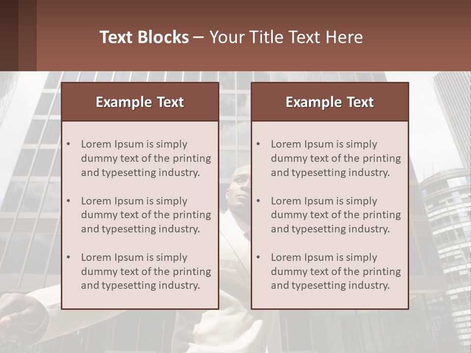 A Man In A Suit Holding Up A Red Object In Front Of A Tall Building PowerPoint Template