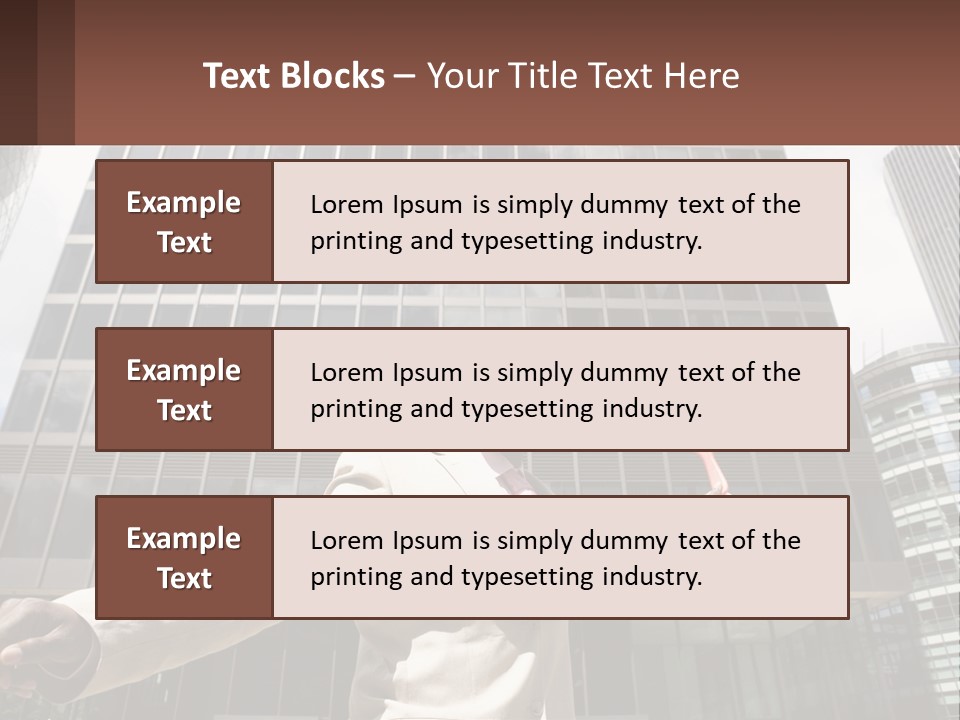 A Man In A Suit Holding Up A Red Object In Front Of A Tall Building PowerPoint Template