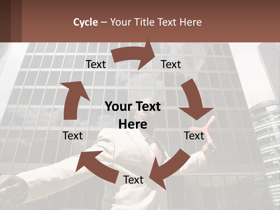 A Man In A Suit Holding Up A Red Object In Front Of A Tall Building PowerPoint Template