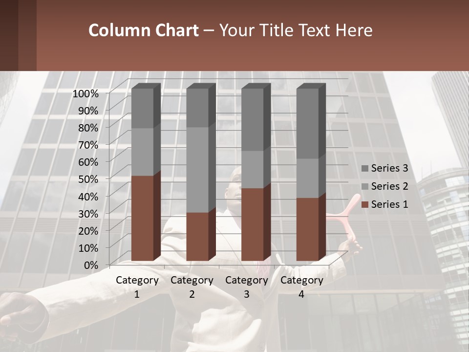 A Man In A Suit Holding Up A Red Object In Front Of A Tall Building PowerPoint Template
