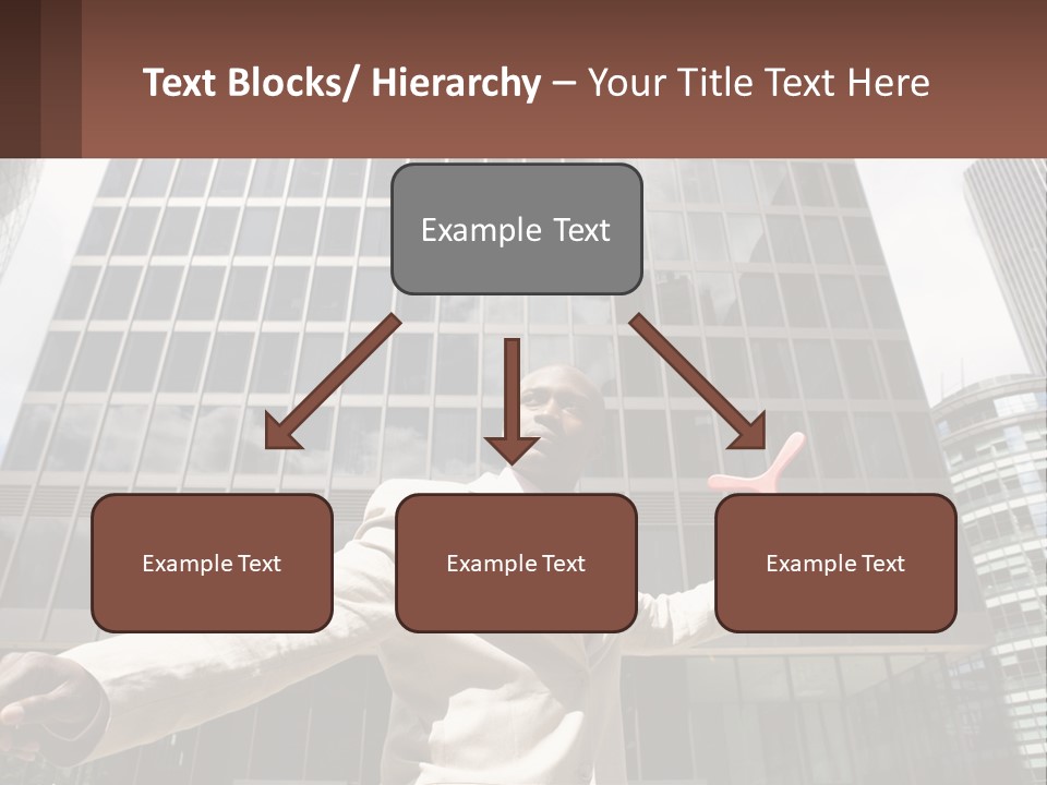 A Man In A Suit Holding Up A Red Object In Front Of A Tall Building PowerPoint Template