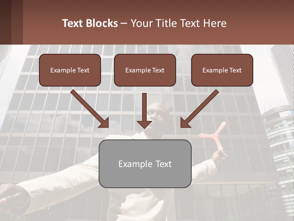 A Man In A Suit Holding Up A Red Object In Front Of A Tall Building PowerPoint Template