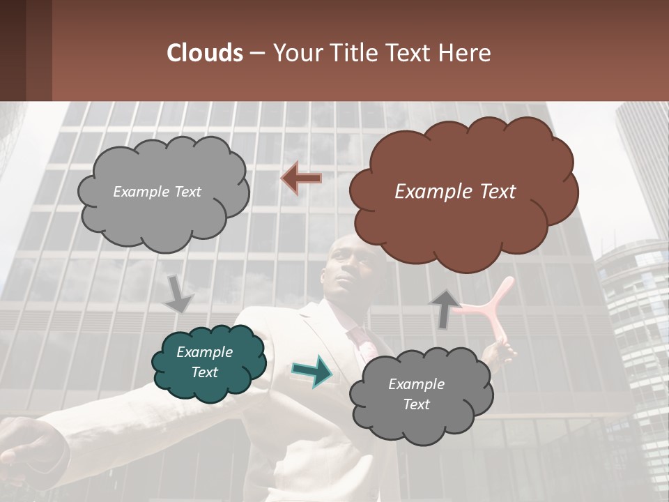 A Man In A Suit Holding Up A Red Object In Front Of A Tall Building PowerPoint Template