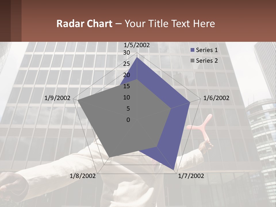 A Man In A Suit Holding Up A Red Object In Front Of A Tall Building PowerPoint Template