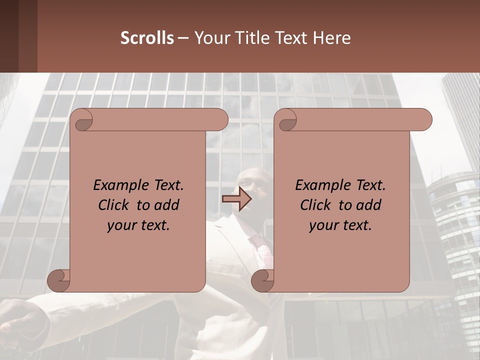 A Man In A Suit Holding Up A Red Object In Front Of A Tall Building PowerPoint Template
