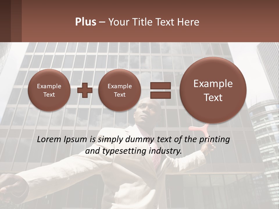 A Man In A Suit Holding Up A Red Object In Front Of A Tall Building PowerPoint Template