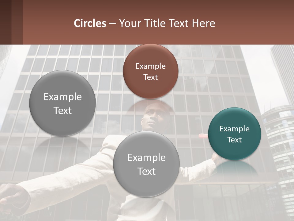 A Man In A Suit Holding Up A Red Object In Front Of A Tall Building PowerPoint Template