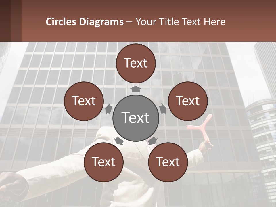 A Man In A Suit Holding Up A Red Object In Front Of A Tall Building PowerPoint Template