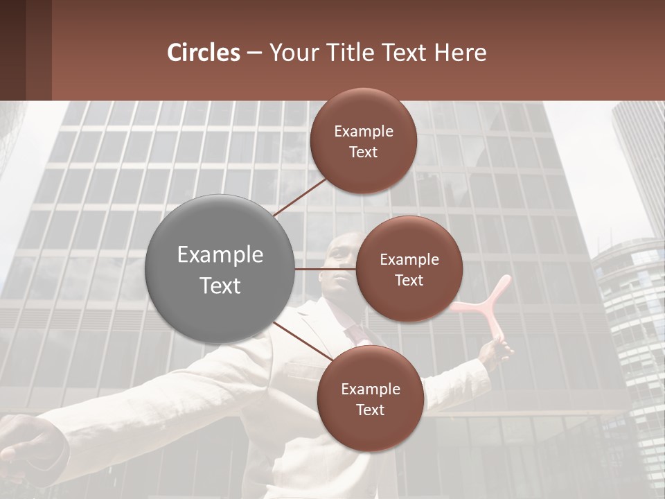 A Man In A Suit Holding Up A Red Object In Front Of A Tall Building PowerPoint Template