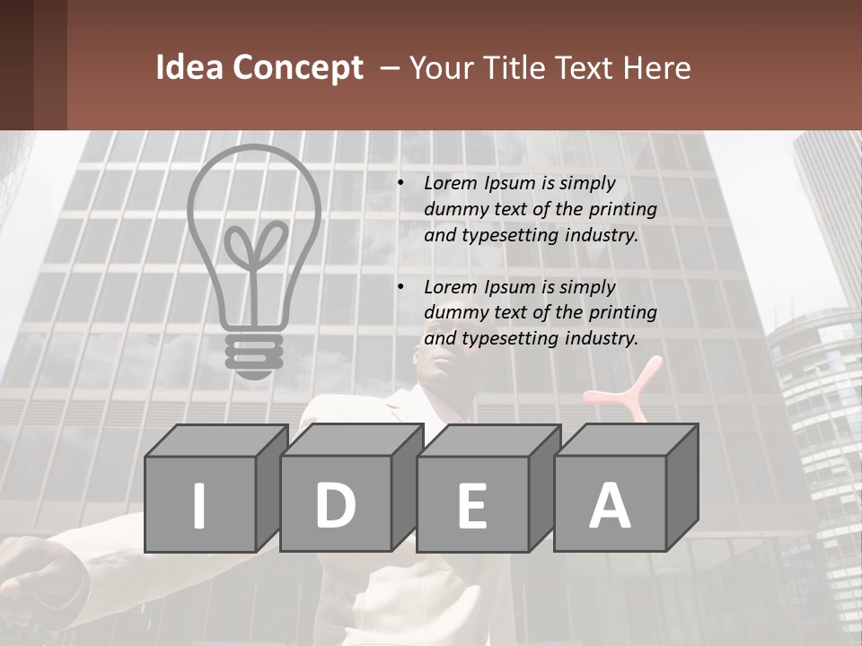 A Man In A Suit Holding Up A Red Object In Front Of A Tall Building PowerPoint Template