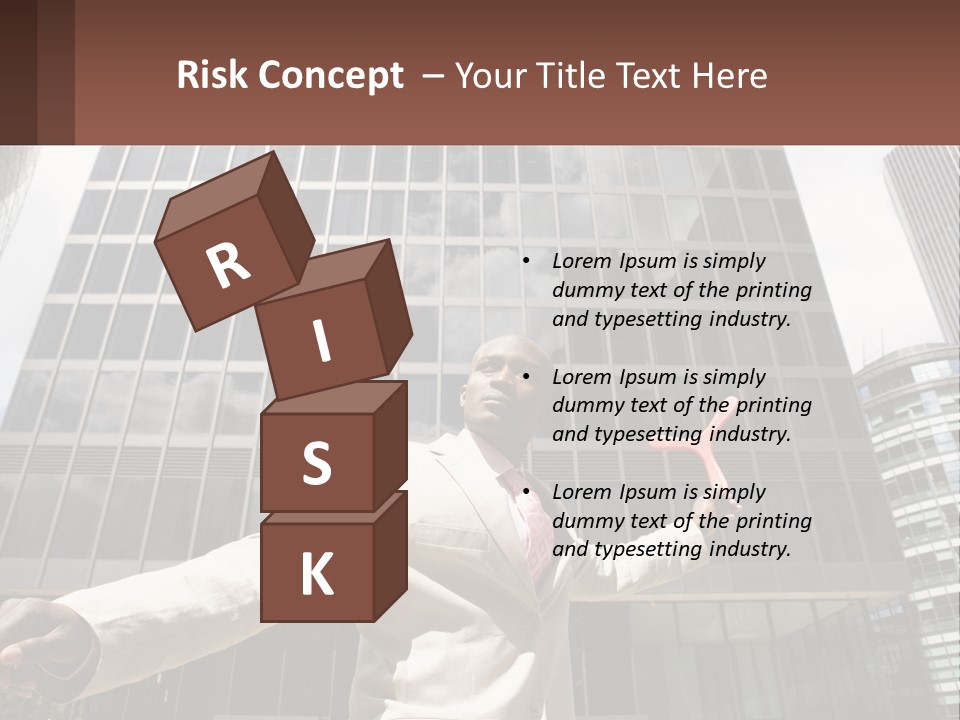 A Man In A Suit Holding Up A Red Object In Front Of A Tall Building PowerPoint Template