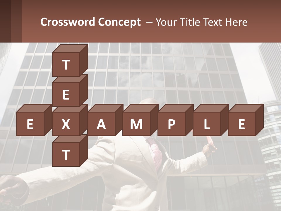 A Man In A Suit Holding Up A Red Object In Front Of A Tall Building PowerPoint Template