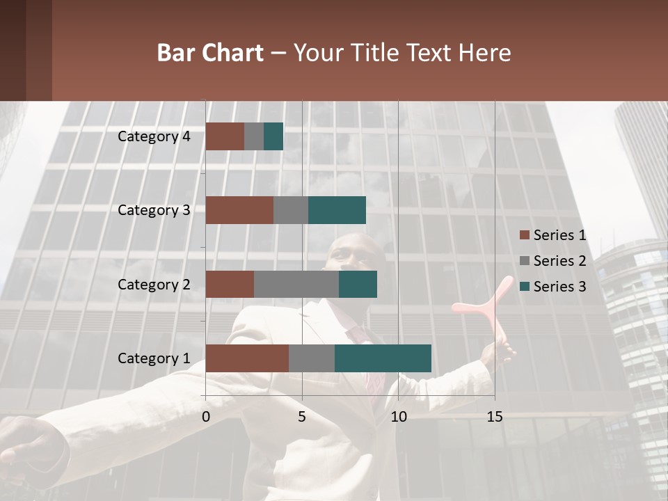 A Man In A Suit Holding Up A Red Object In Front Of A Tall Building PowerPoint Template