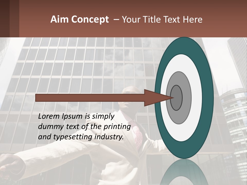 A Man In A Suit Holding Up A Red Object In Front Of A Tall Building PowerPoint Template