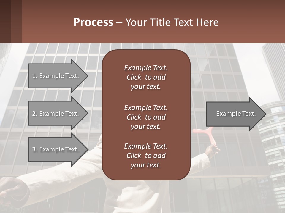 A Man In A Suit Holding Up A Red Object In Front Of A Tall Building PowerPoint Template