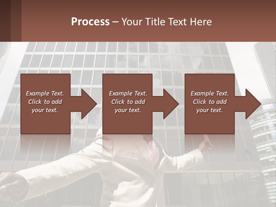 A Man In A Suit Holding Up A Red Object In Front Of A Tall Building PowerPoint Template