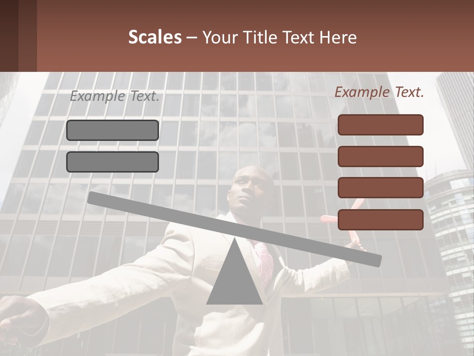 A Man In A Suit Holding Up A Red Object In Front Of A Tall Building PowerPoint Template
