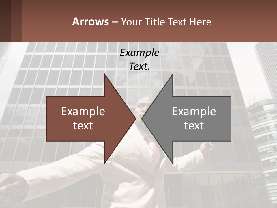 A Man In A Suit Holding Up A Red Object In Front Of A Tall Building PowerPoint Template