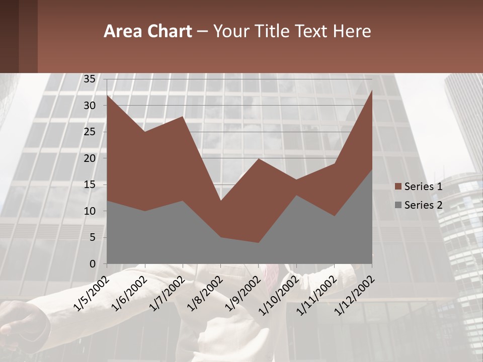 A Man In A Suit Holding Up A Red Object In Front Of A Tall Building PowerPoint Template