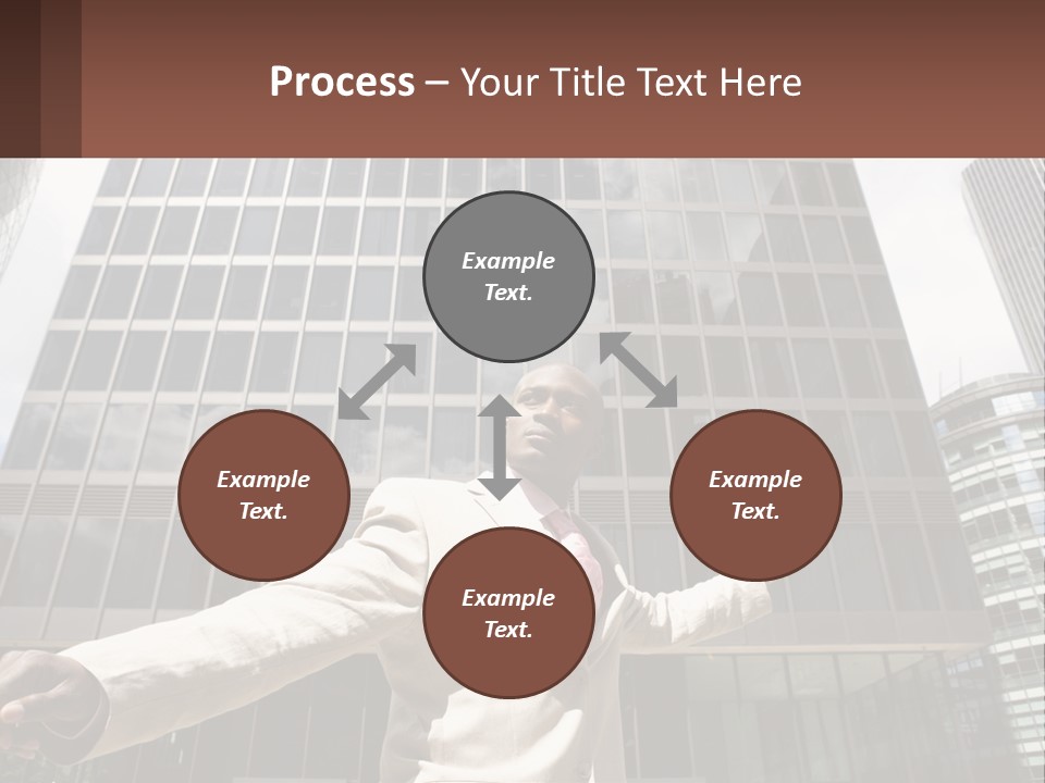 A Man In A Suit Holding Up A Red Object In Front Of A Tall Building PowerPoint Template