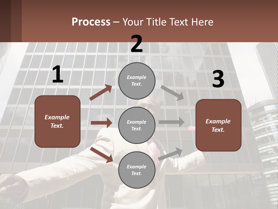 A Man In A Suit Holding Up A Red Object In Front Of A Tall Building PowerPoint Template