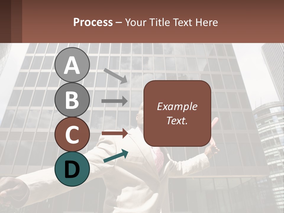 A Man In A Suit Holding Up A Red Object In Front Of A Tall Building PowerPoint Template